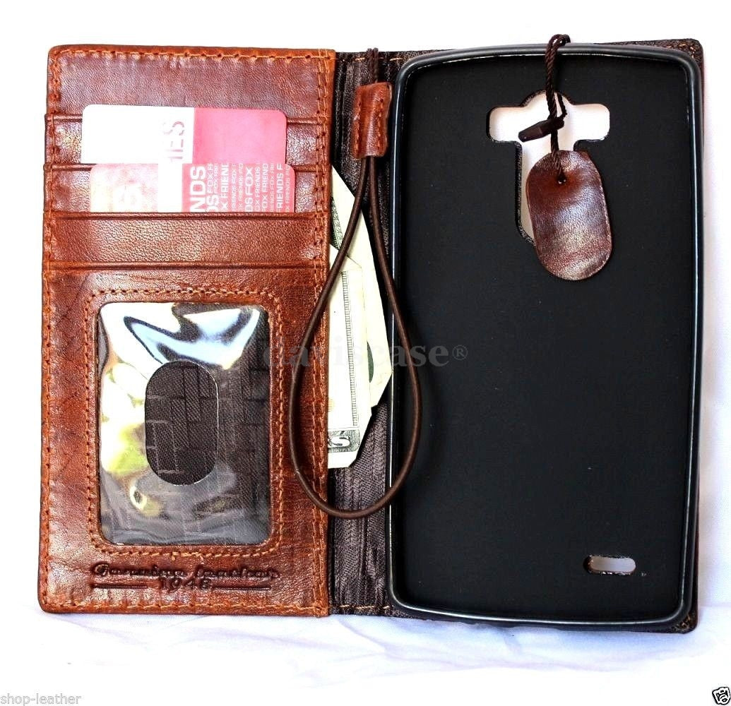 Light brown genuine Italian vintage leather hard case for LG G3 phone, handmade slim wallet cover with book-style design.