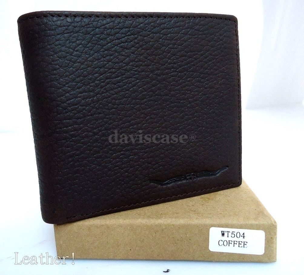 Men's brown DAVISCASE full soft leather wallet with 8 card slots, ID window, and 3 bill compartments, shown open with cards inside.