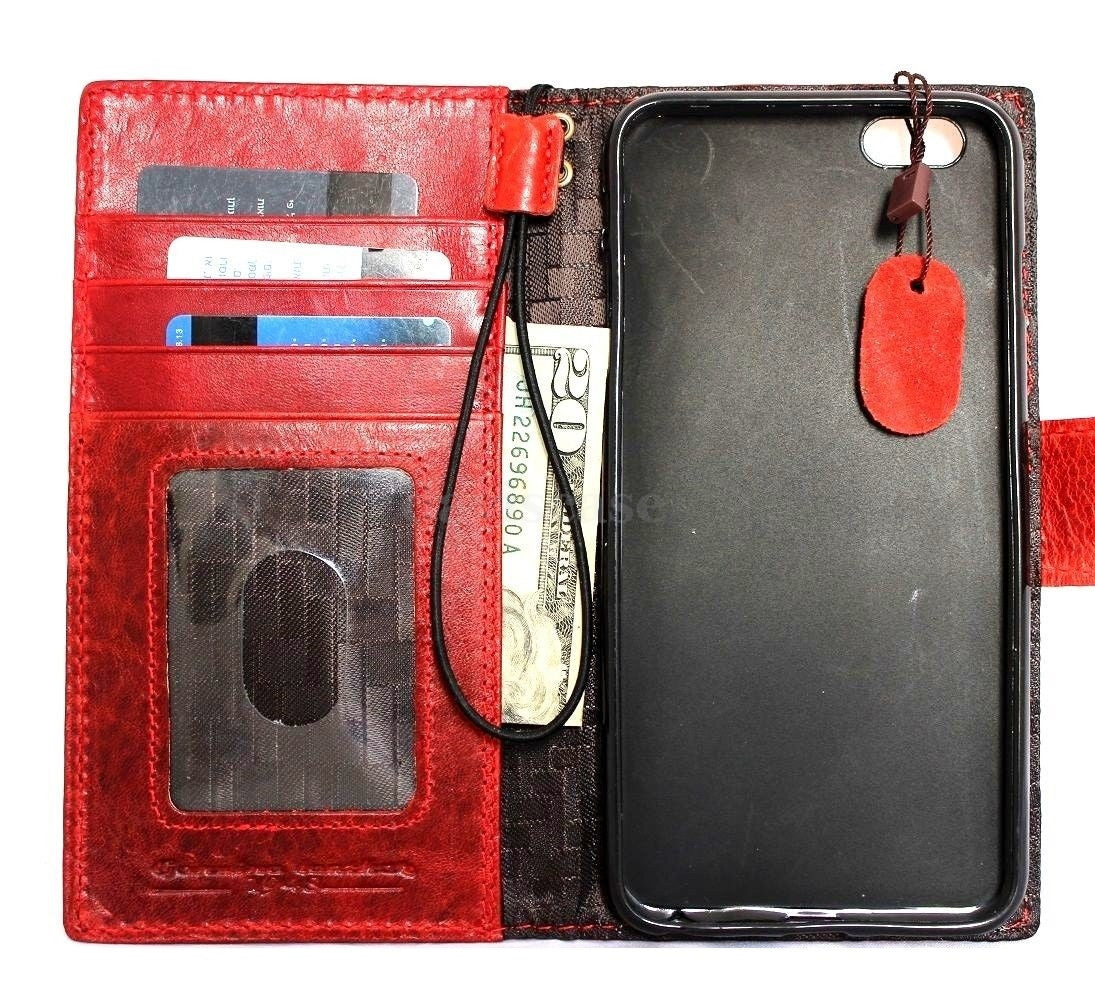 Handmade genuine Italian leather iPhone 6 Plus case with wallet flip design, credit card slots, ID window, and magnetic closure.