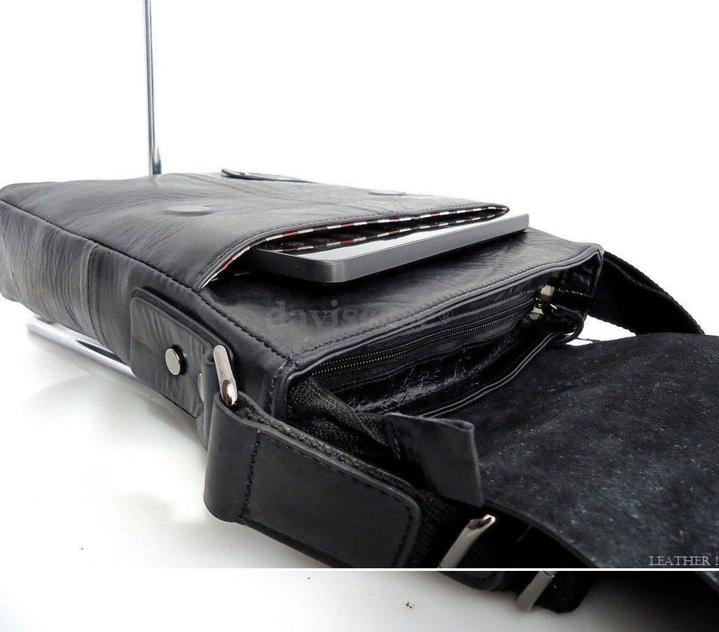 Black men's PU leather messenger bag with laptop compartment, stylish business design, ideal for professionals.