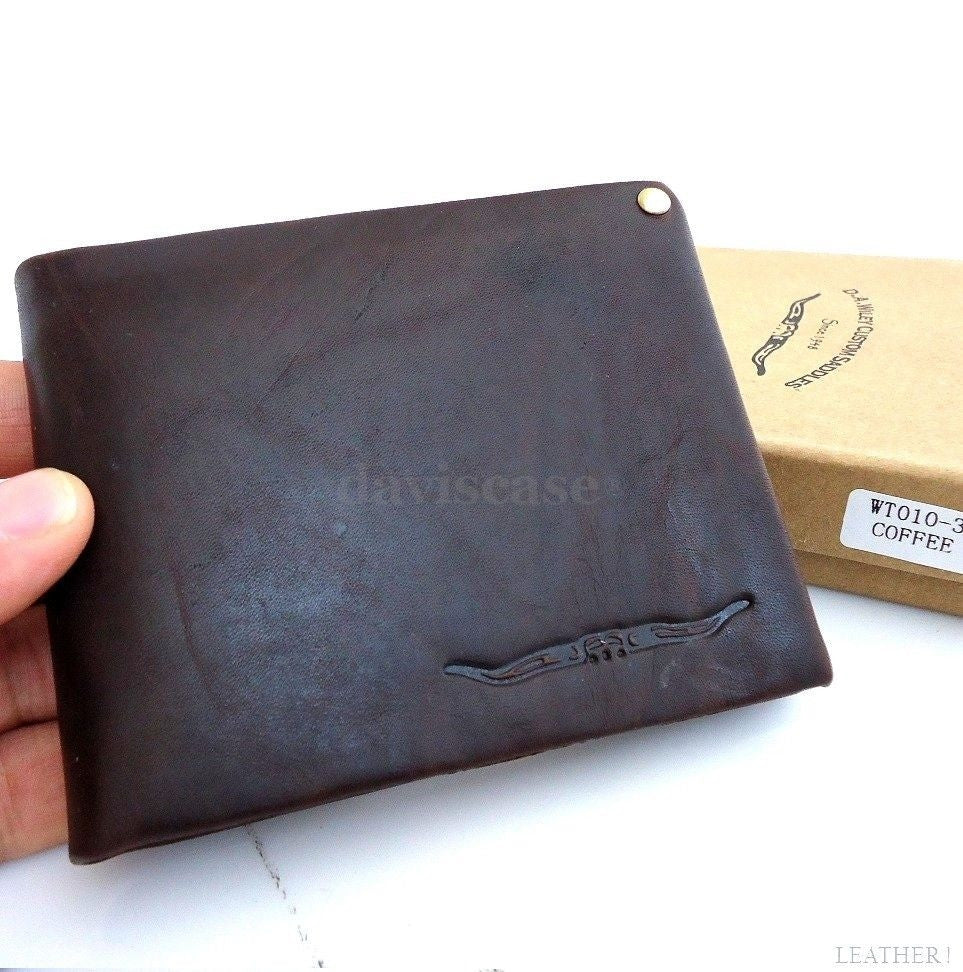 Men's vintage leather money clip wallet with coin and credit card slots, featuring a retro Russian-inspired design.