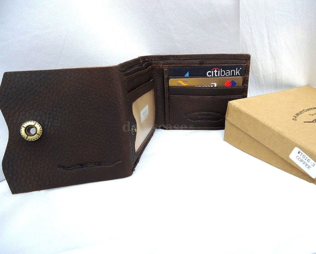 Men's full brown leather wallet by DAVISCASE with 3 credit card slots, 1 ID window, and 3 bill compartments.
