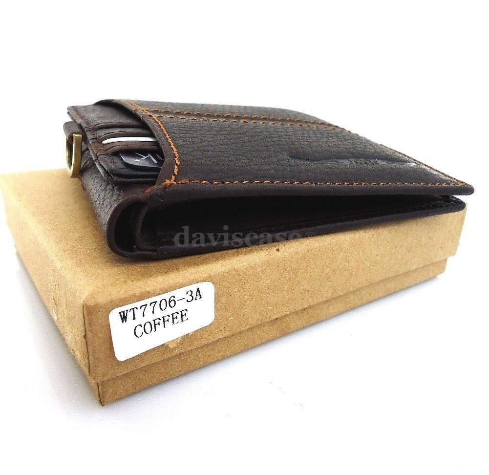 Men's genuine leather bifold wallet with card and money slots, featuring a classic trifold design and durable craftsmanship.