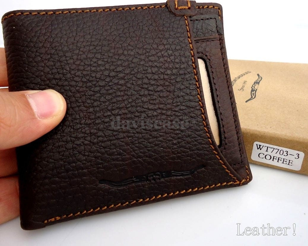 Men's genuine leather money clip wallet with coin pocket and credit card slots, handcrafted by DAVISCASE.