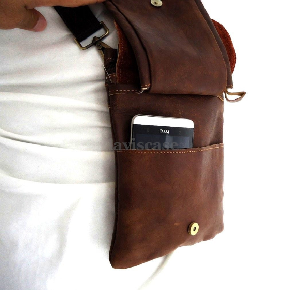Men's brown genuine leather crossbody bag by DAVISCASE, vintage slim soft leather with classic style.