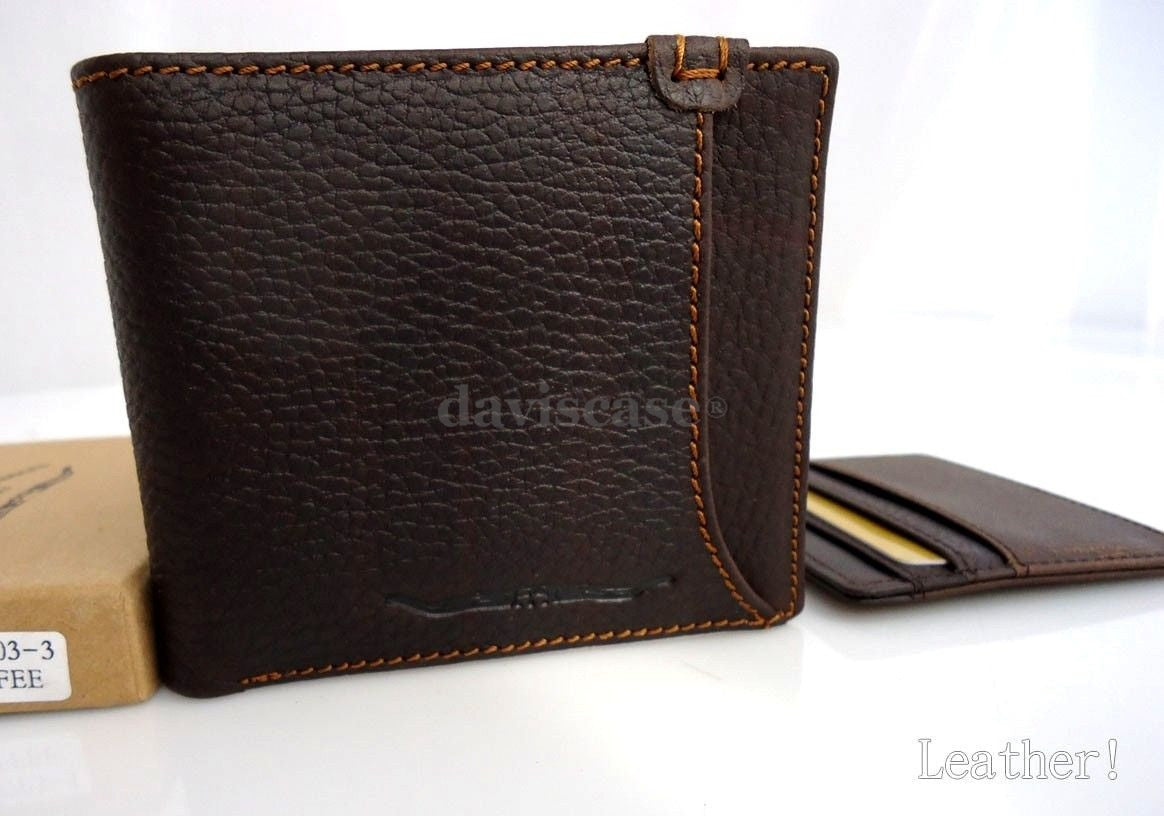 Men's DAVISCASE genuine leather money clip wallet with coin pocket and credit card slots, handcrafted box included.