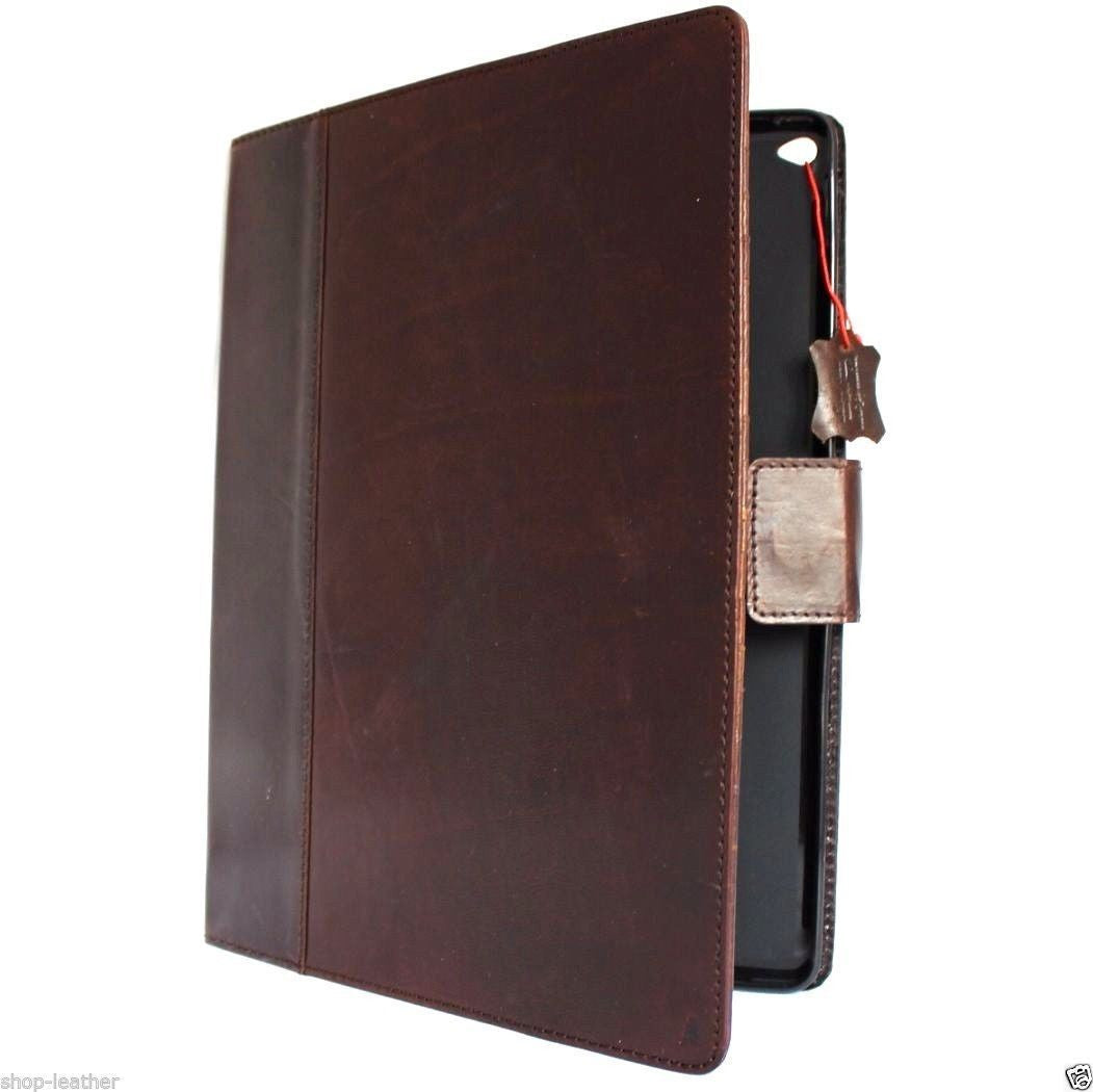 Brown genuine leather iPad Pro 12.9 case by DAVISCASE with card slots, magnetic stand, slim design, and luxury craftsmanship.