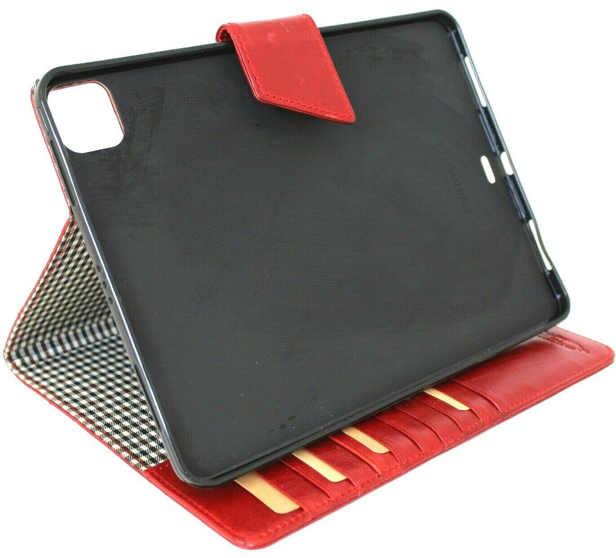 Red DAVISCASE vintage leather iPad Pro 11 (2020) case with flip cover, credit card slots, and slim handmade hard shell design.