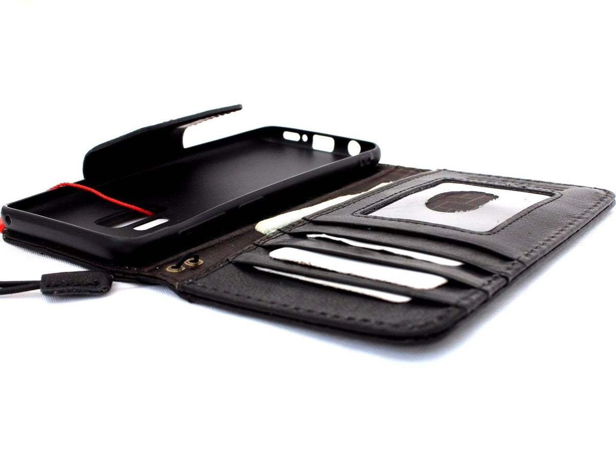 Black genuine leather wallet phone case for Samsung Galaxy S9 by DAVISCASE, with Jafo design, handmade magnetic cover, and card slots.