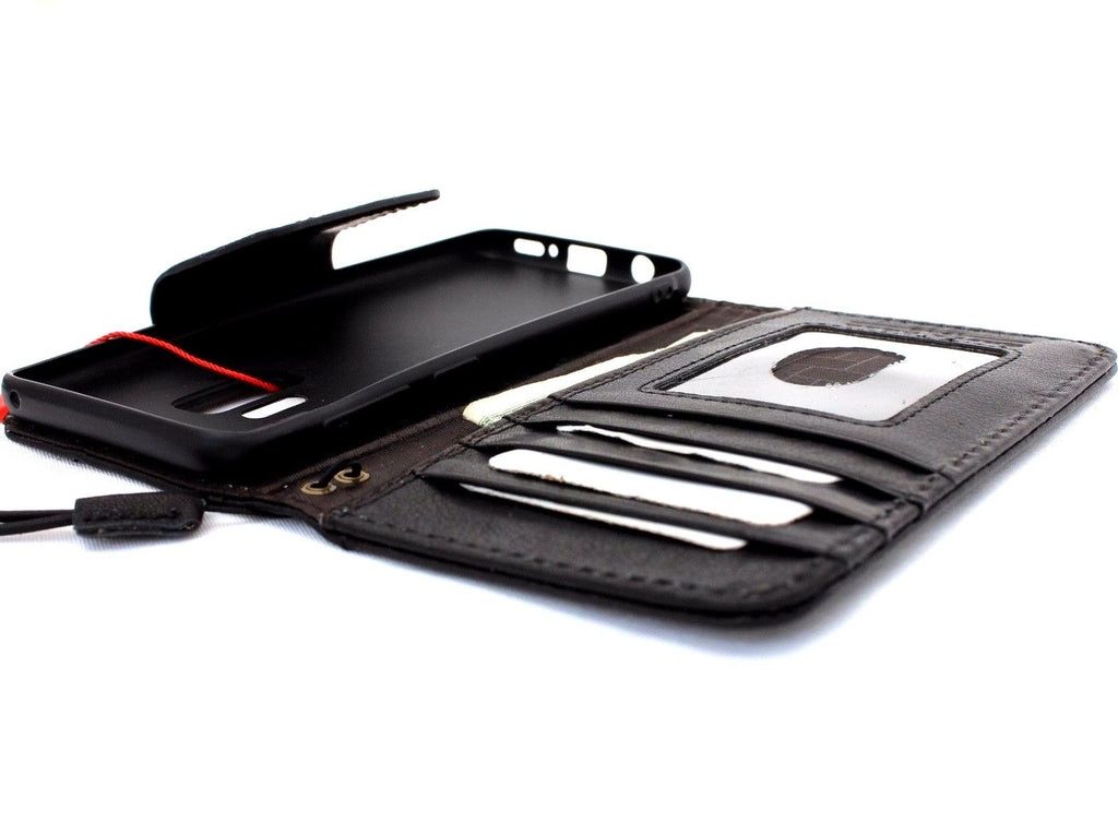 Handmade black genuine Italian leather wallet phone case for Samsung Galaxy S9 with magnetic cover and book-style design.