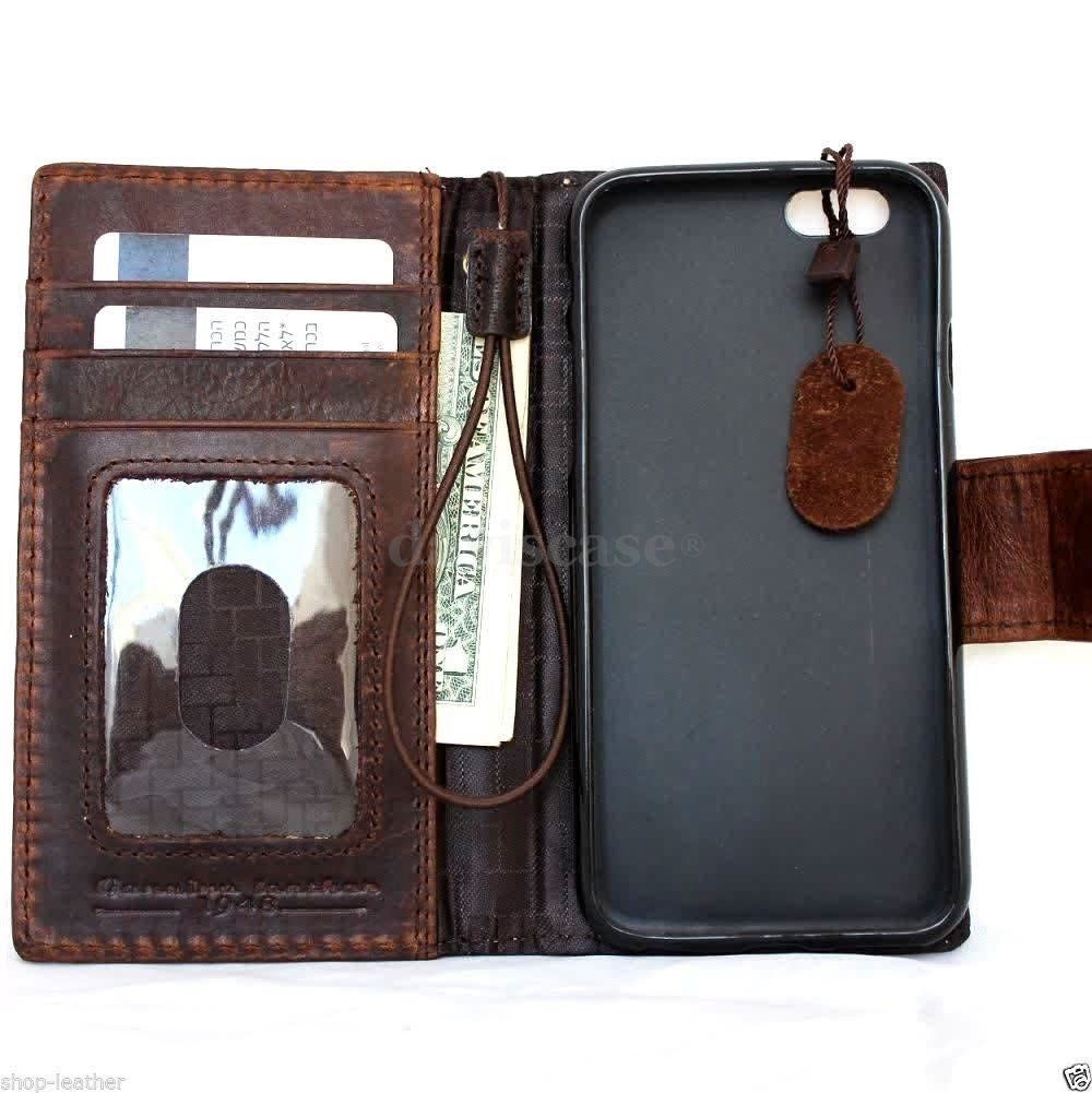 Handmade genuine Italy leather iPhone 6 flip case with wallet style, credit card slots, magnetic closure, luxury design.