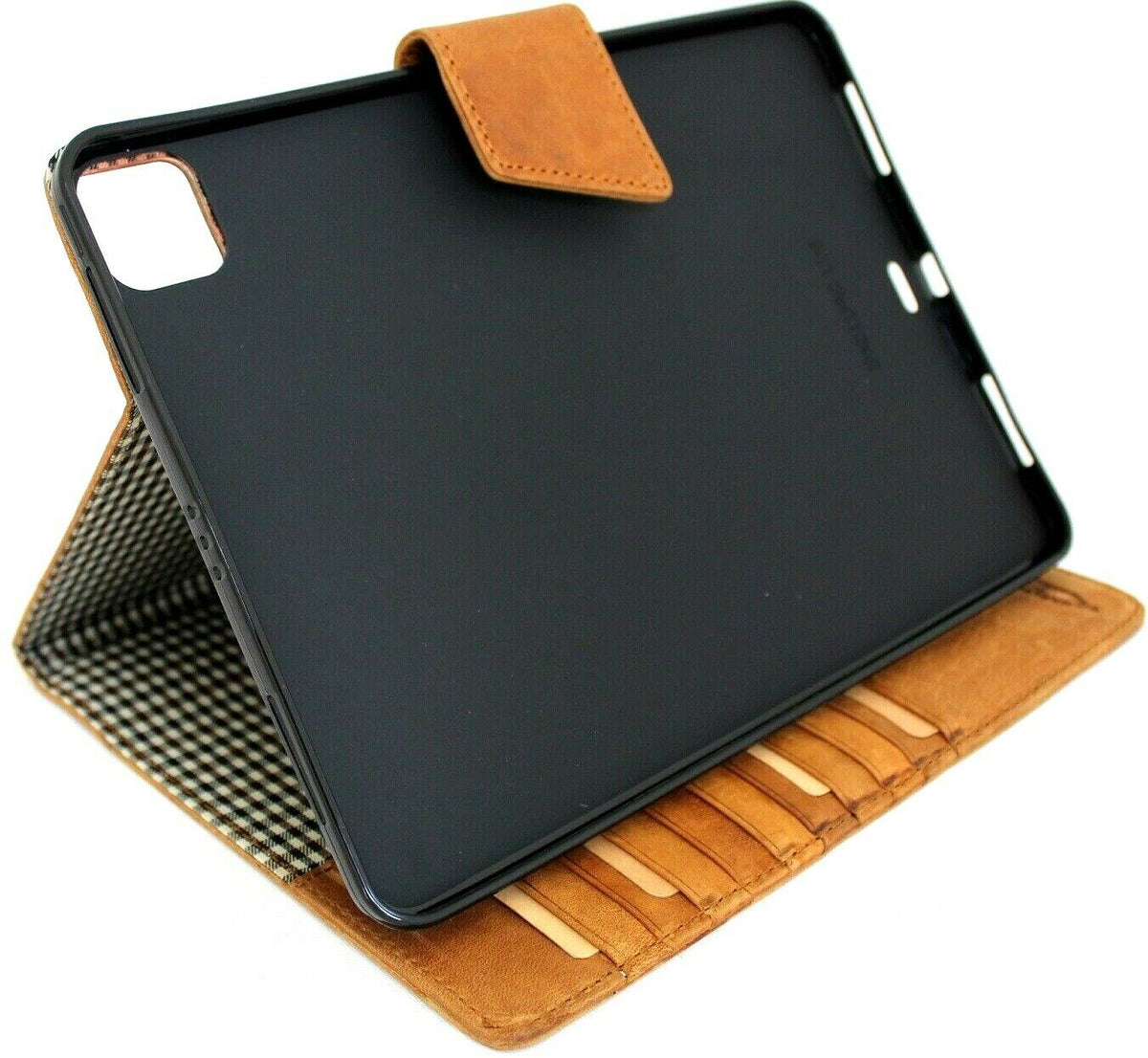 Vintage tan leather iPad Pro 11 (2020) case by DAVISCASE with flip cover, credit card slots, and slim handmade hard shell design.