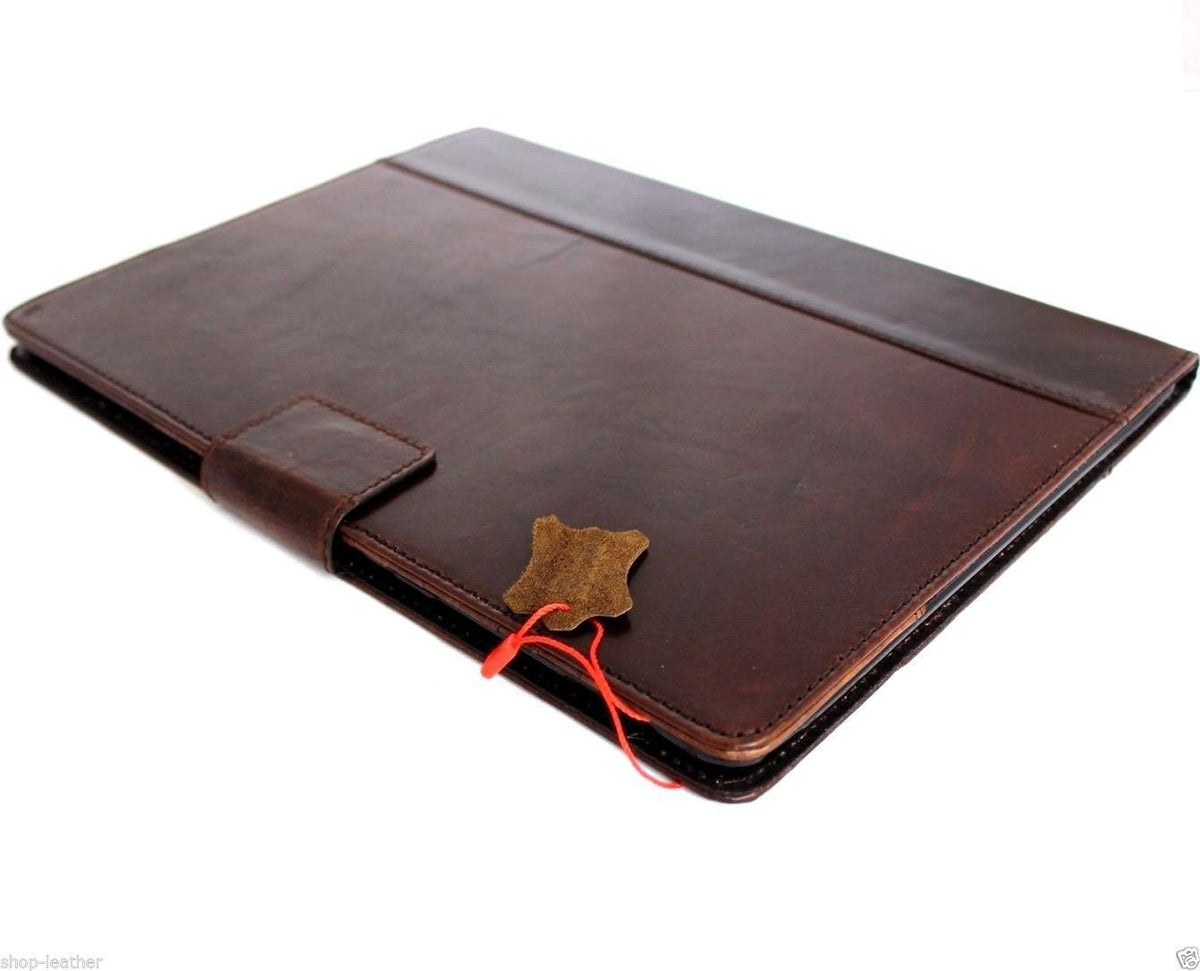 Brown genuine leather iPad Pro 12.9 case by DAVISCASE with slim card slots, stand magnet, and luxury hard cover design.