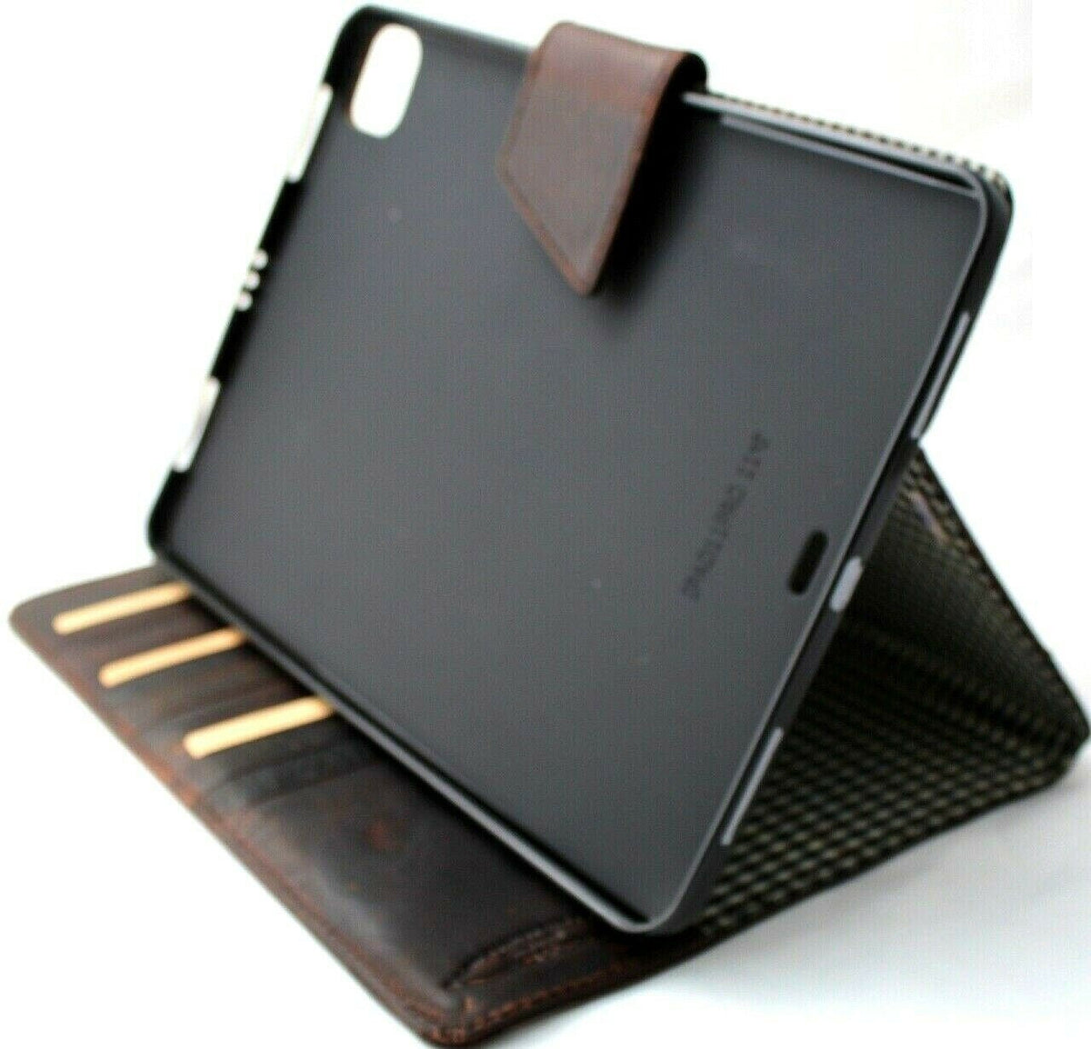 Vintage leather iPad case for Apple iPad 10.2, handmade dark brown flip cover with credit card slots by DAVISCASE.