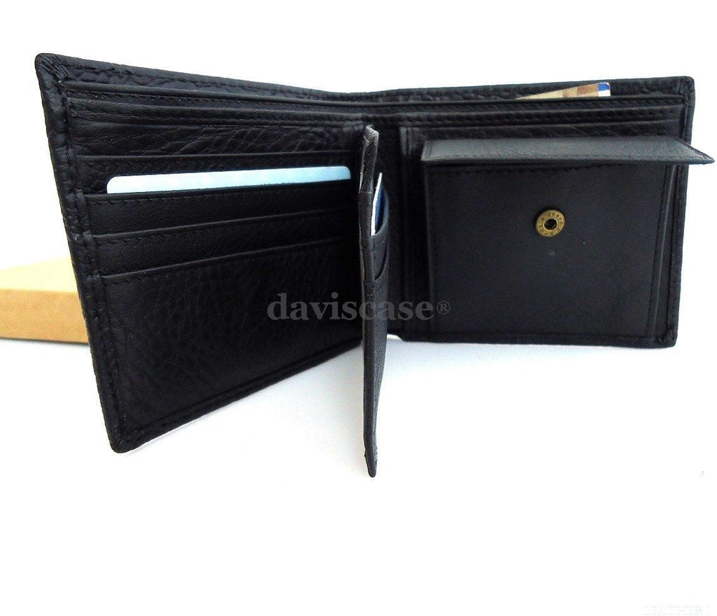 Men's DAVISCASE vintage genuine cow leather wallet with coin pocket, black crocodile texture, showcasing a stylish men's purse.