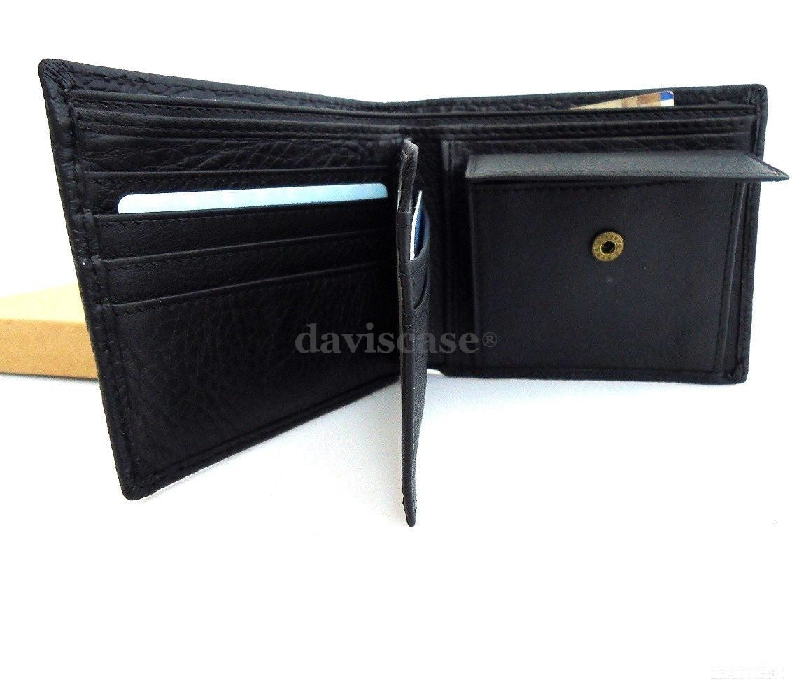 Men's DAVISCASE vintage genuine cow leather wallet with coin pocket, black crocodile texture, showcasing a stylish men's purse.