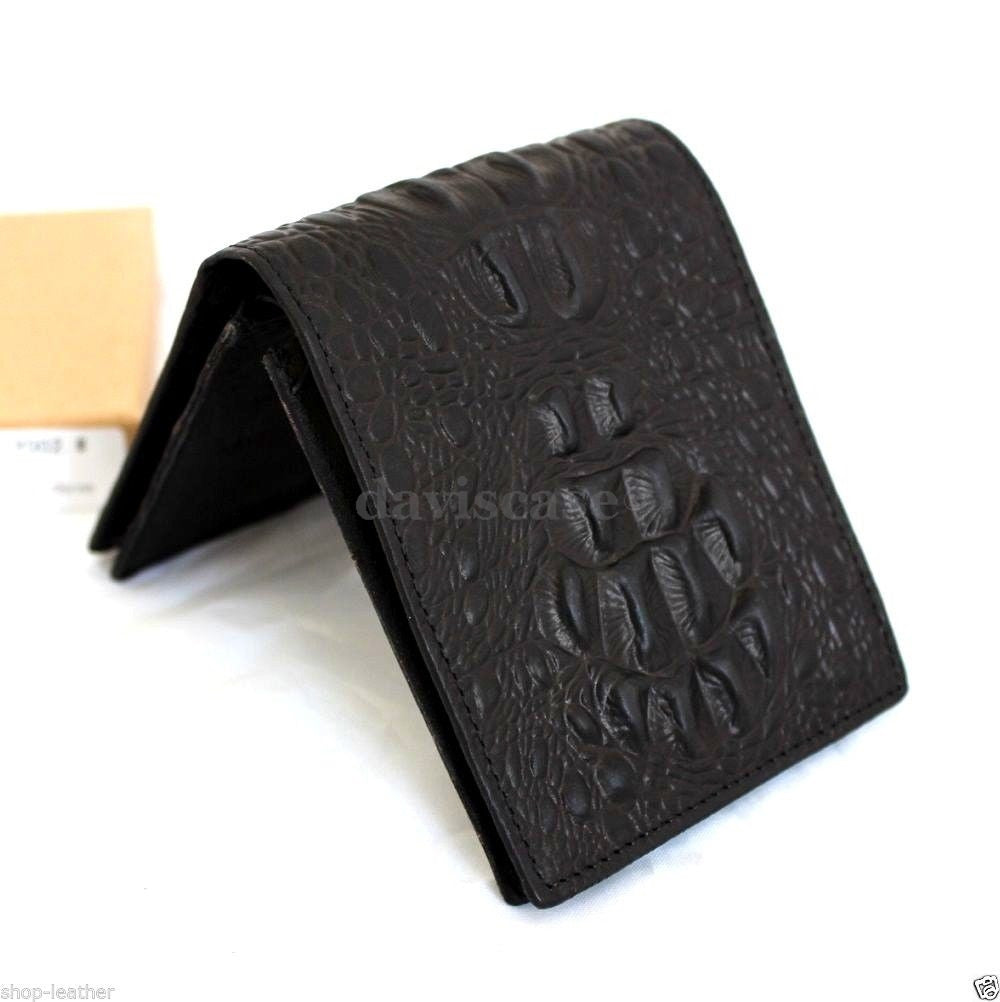 Black men's full leather wallet with crocodile texture, 4 card slots, ID window, and 2 bill sections in slim design.