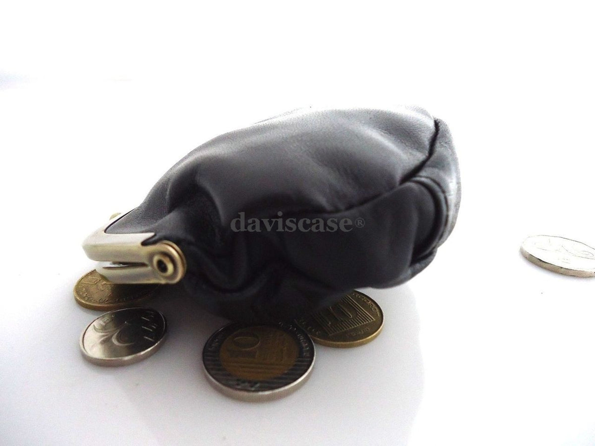 Black genuine soft leather women's mini coin purse and wallet case, compact and stylish for ladies.