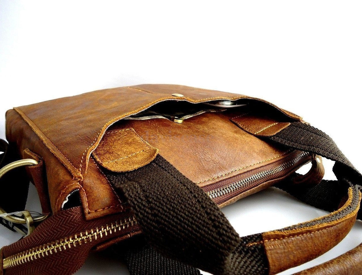 Men's tan vintage DAVISCASE leather messenger handbag with soft genuine leather, stylish design, ideal for students.