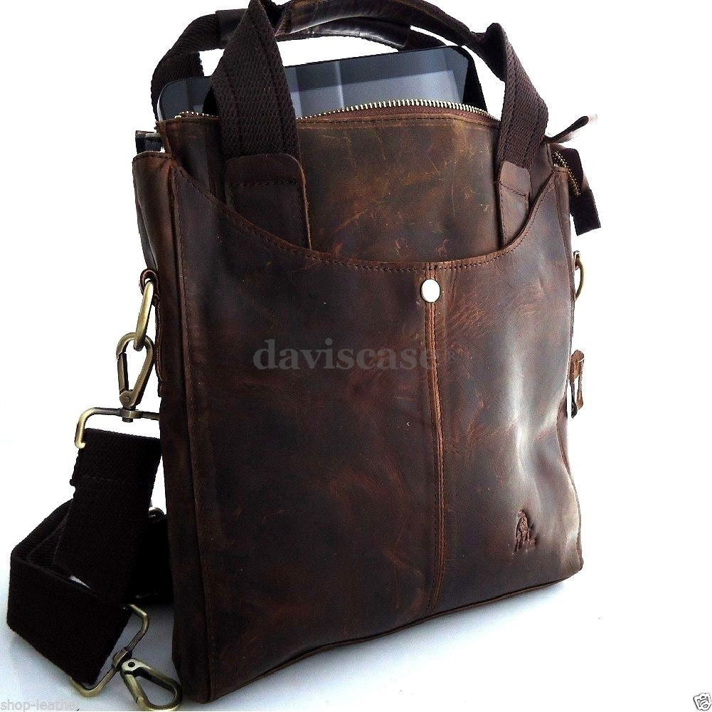 Genuine dark brown leather men's messenger bag by DAVISCASE featuring retro crossbody style and shoulder strap detail.