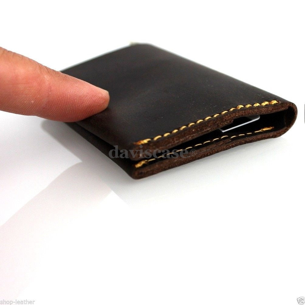 Men's brown leather credit card case by DAVISCASE with 2 card slots, 2 slip pockets, and a bill compartment.
