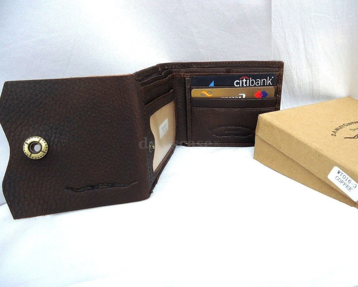 Men's genuine full leather wallet with billfold design, money clip, handmade craftsmanship, and coin pocket, ideal for ID storage.