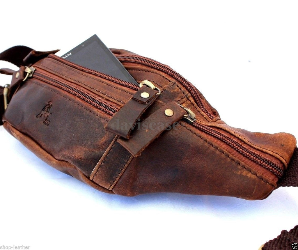 Genuine vintage leather men's waist pouch and backpack with cell phone and coin compartments, by DAVISCASE.