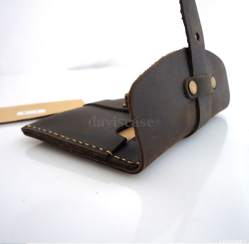 Genuine full leather men's mini wallet with ID and credit card slots, compact money holder in black leather.