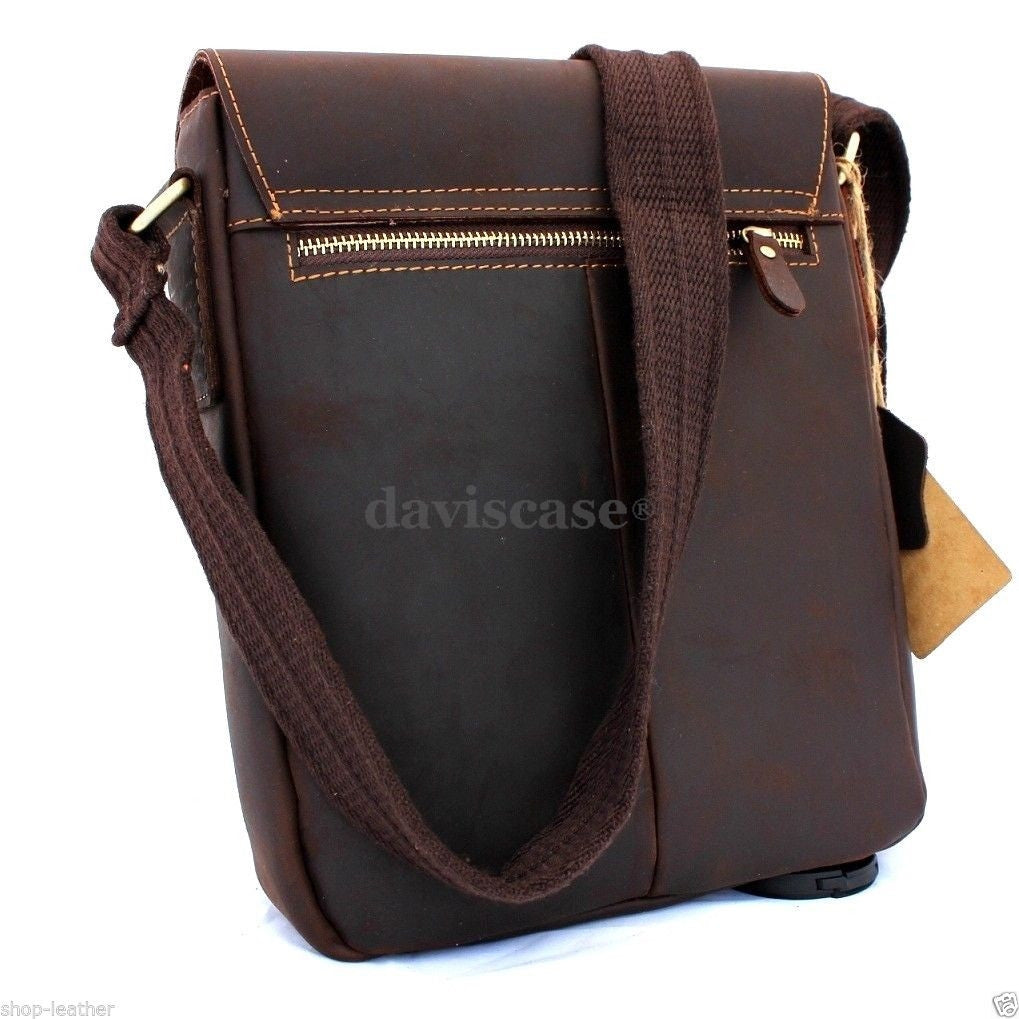 Genuine vintage brown leather men's messenger bag by DAVISCASE, crossbody shoulder satchel for school and everyday use.