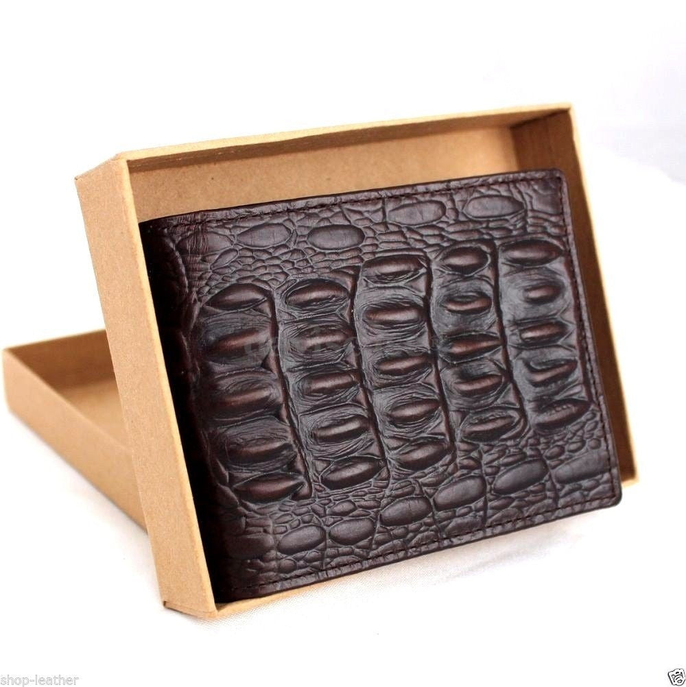 Men's genuine leather money clip wallet with coin pocket and credit card slots, featuring a crocodile texture design.