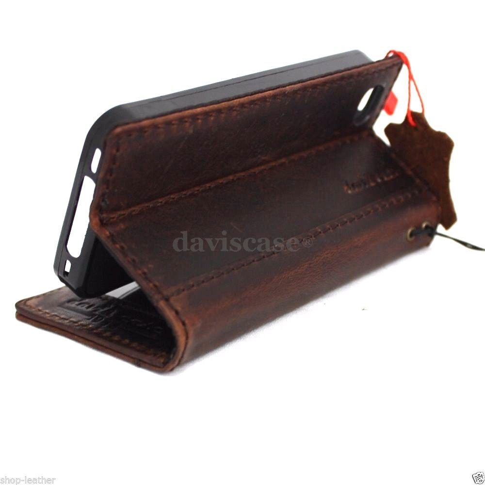 Handmade genuine Italian leather iPhone 4S case with wallet and stand feature, crafted for stylish protection.