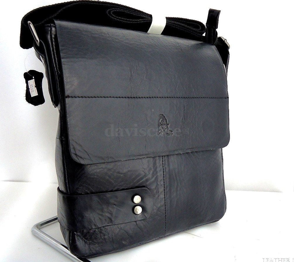 Black men's PU leather messenger bag with laptop compartment, stylish business design, ideal for professional use.
