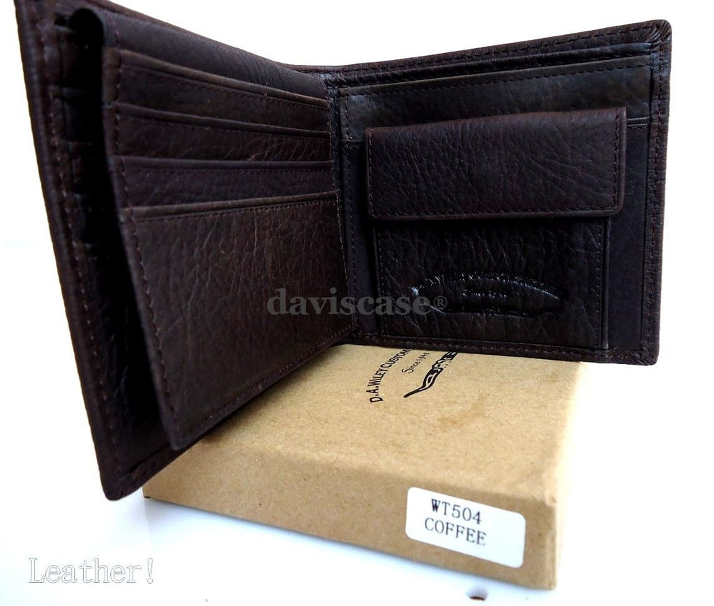 Men's genuine leather money clip wallet by DAVISCASE with coin pocket, slim design, retro style, and ID pocket.