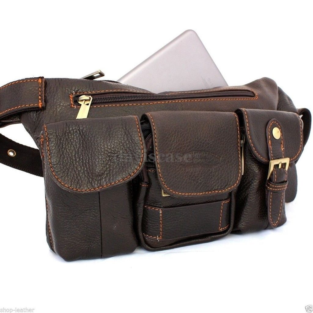 Genuine full leather men's zippered waist pouch and sling backpack by DAVISCASE, designed for carrying cellphones and essentials.