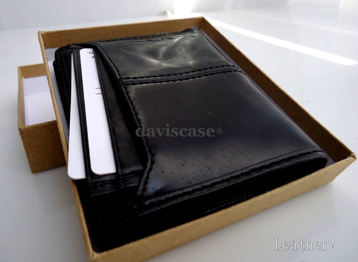 Mens black genuine leather wallet with ID pocket, slim bi-fold design by DAVISCASE featuring retro style and multiple card slots.