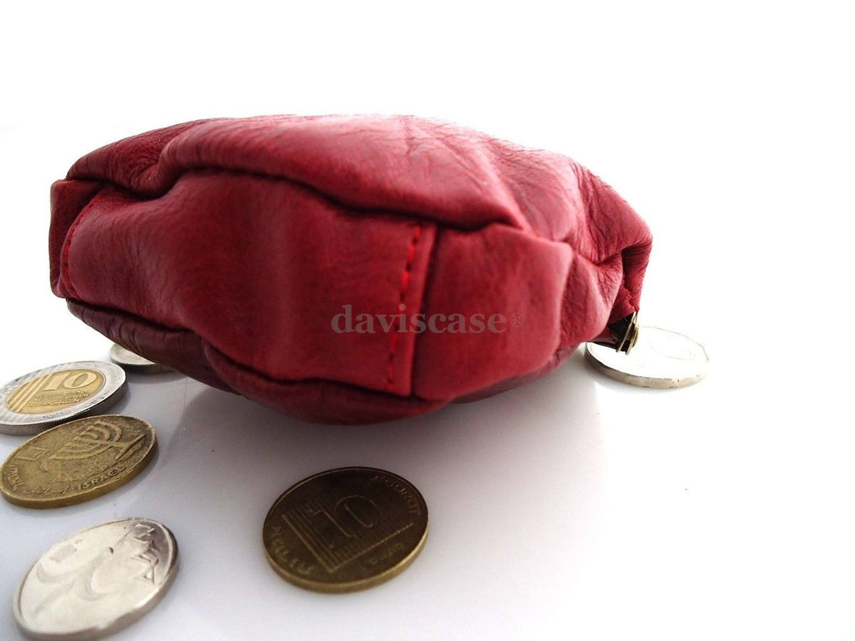 Genuine soft leather women's mini coin purse and wallet case in a rich red wine color, compact and stylish for ladies.