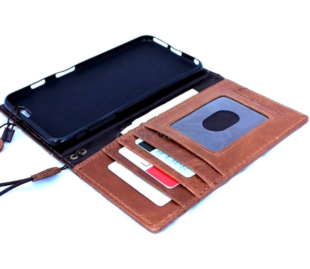 Handmade genuine Italy leather iPhone 6 Plus flip case with wallet band, credit card slots, ID window, slim design in brown.