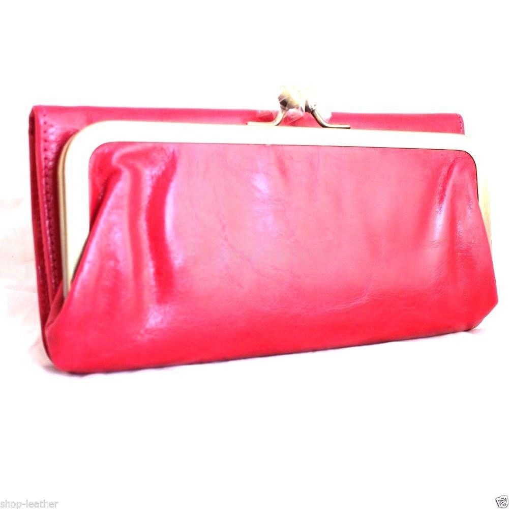 Pink genuine leather women's wallet with card slots, coin pouch, and clutch design by DAVISCASE.