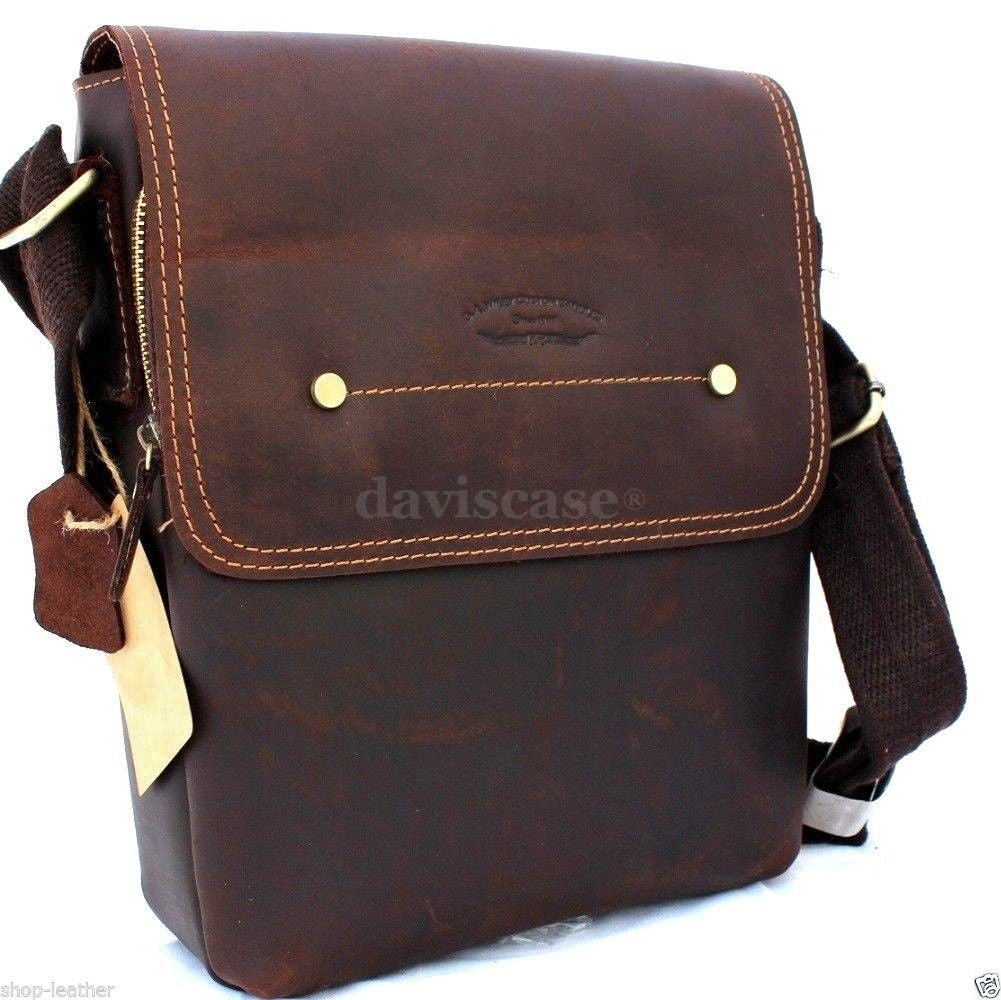 Genuine vintage-style brown leather men's messenger shoulder satchel bag with crossbody strap by DAVISCASE.
