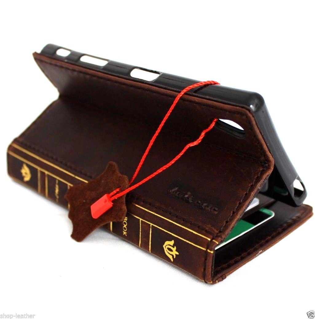 Vintage Italian leather case for Sony Xperia 5 IV with card slots, slim design, hand-made book wallet style, UK craftsmanship.