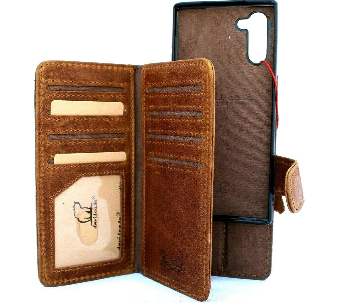 Handmade genuine leather Samsung Galaxy Note 10 wallet case with window, soft stand, magnetic closure, and removable card holder by DAVISCASE.