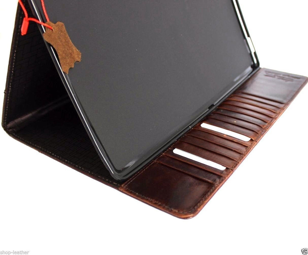 Brown genuine leather iPad Pro 12.9 case by DAVISCASE with slim card slots, handbag style stand, magnetic closure, luxury design.