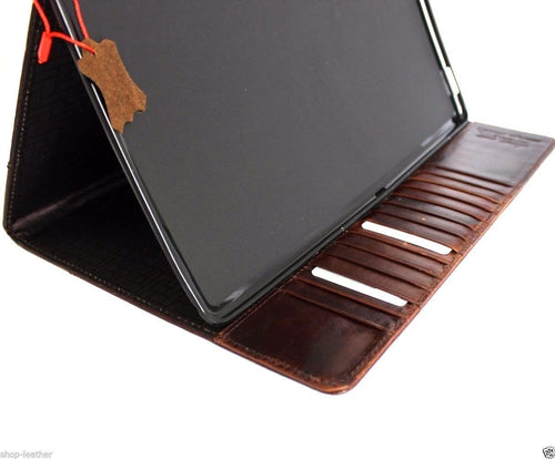 Brown genuine leather iPad Pro 12.9 case by DAVISCASE with slim card slots, handbag style stand, magnetic closure, luxury design.