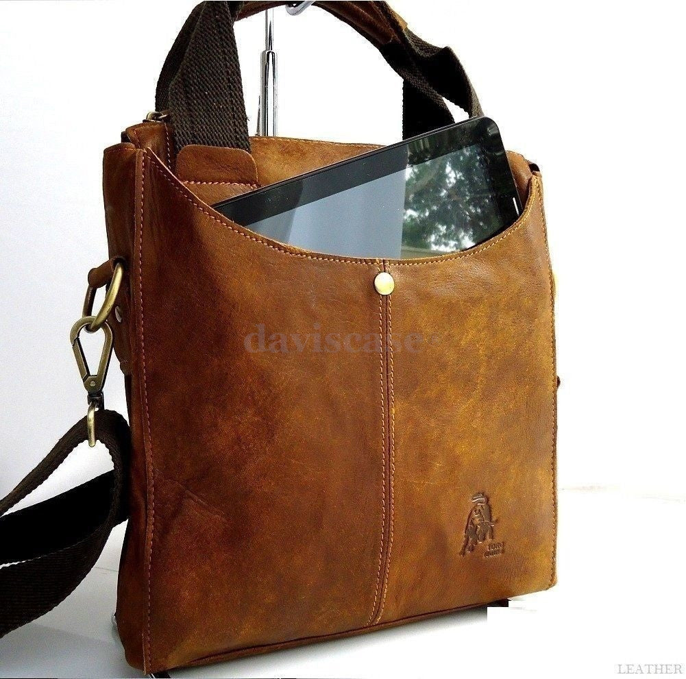 Men's genuine soft leather messenger bag in tan with vintage design by DAVISCASE, featuring a classic style and practical hand strap.