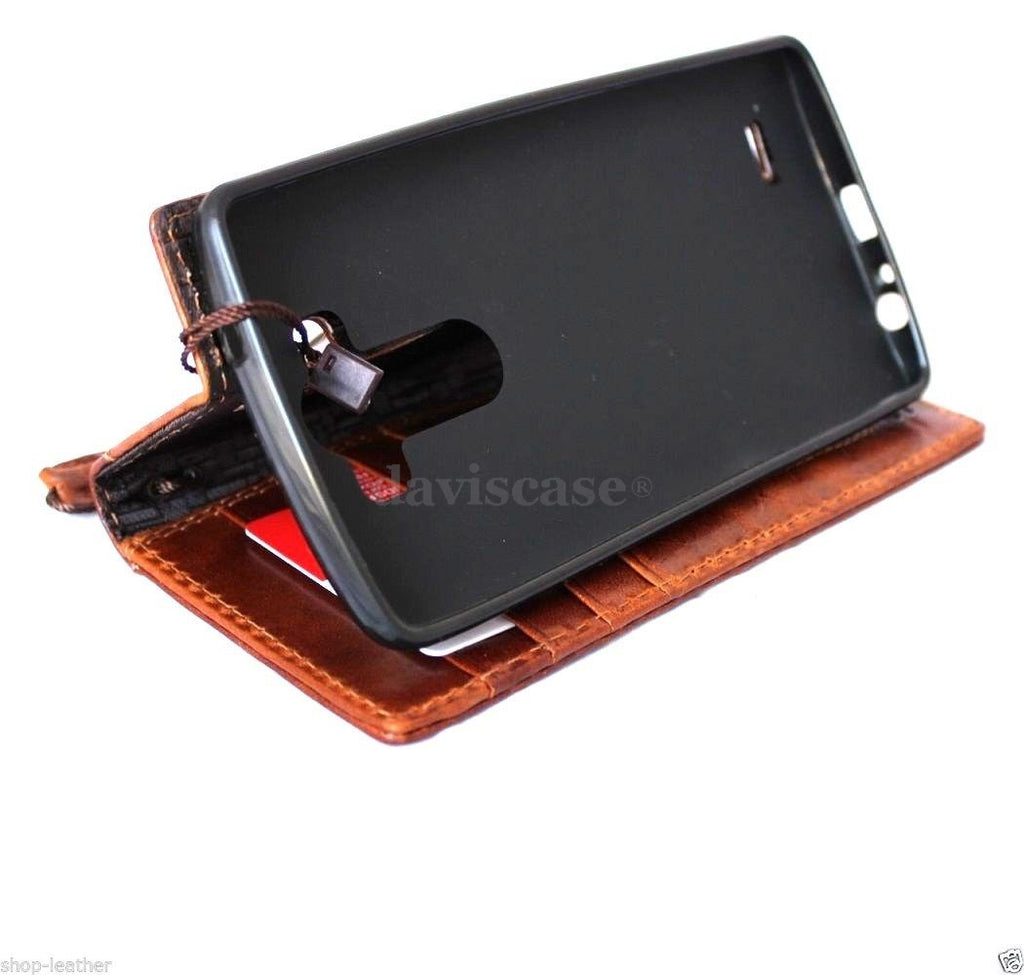 Light brown genuine Italian vintage leather phone case for LG G3, slim handmade wallet cover with hard book-style design.