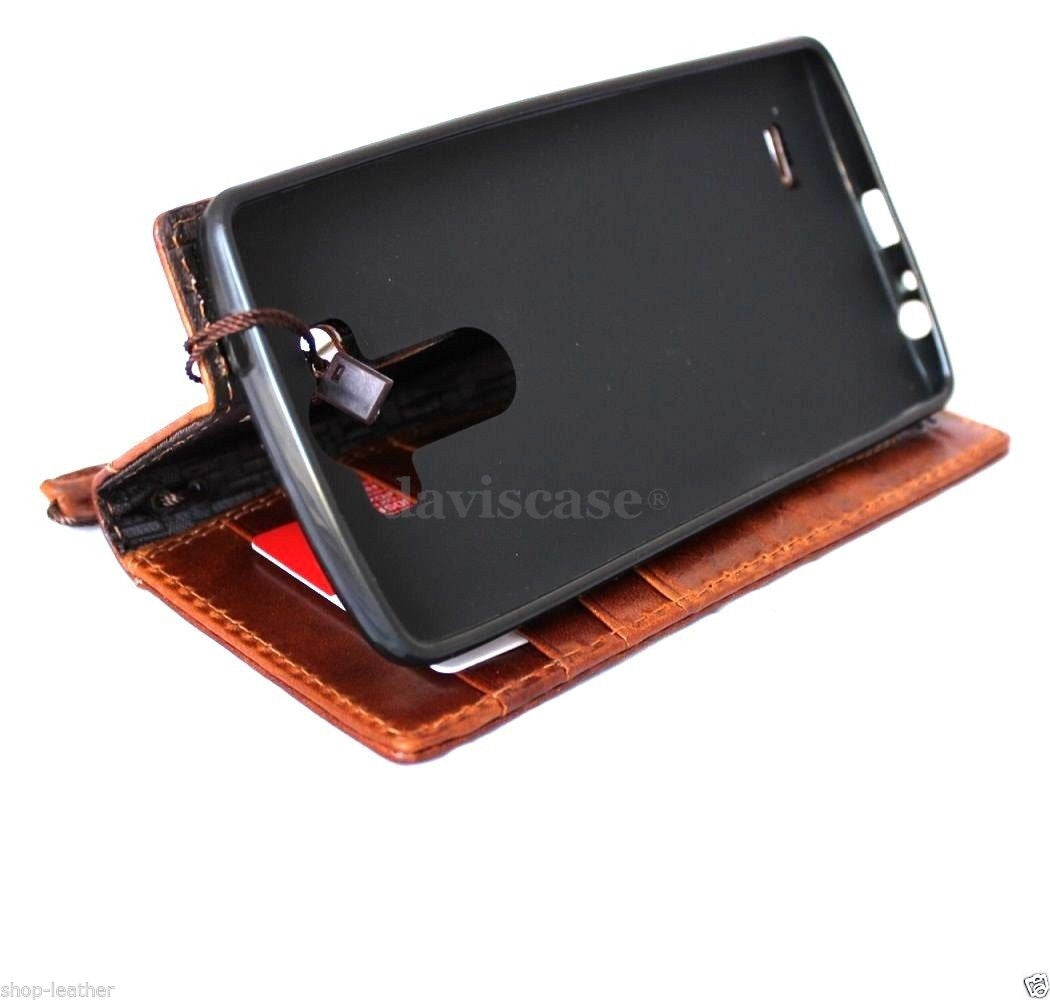 Light brown genuine Italian vintage leather phone case for LG G3, slim handmade wallet cover with hard book-style design.