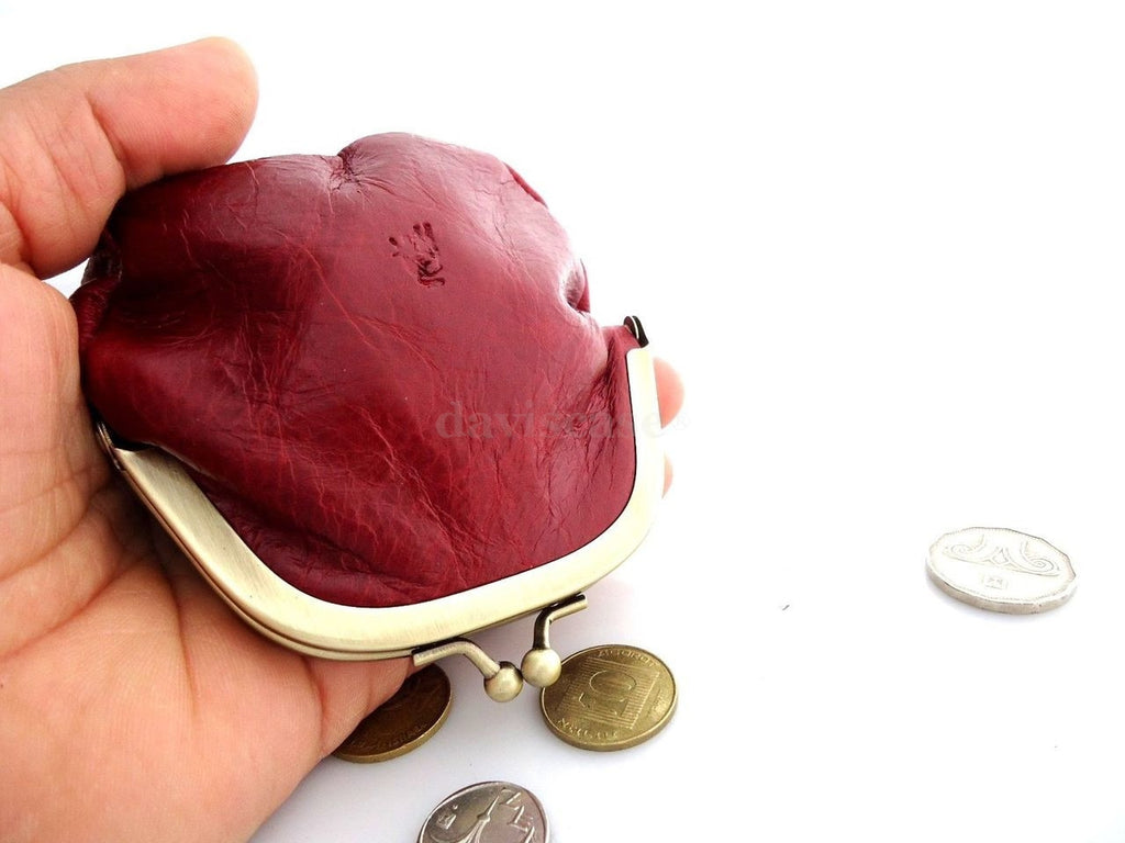 Red genuine soft leather women's coin purse and wallet case, compact mini bag with a stylish design and practical size.