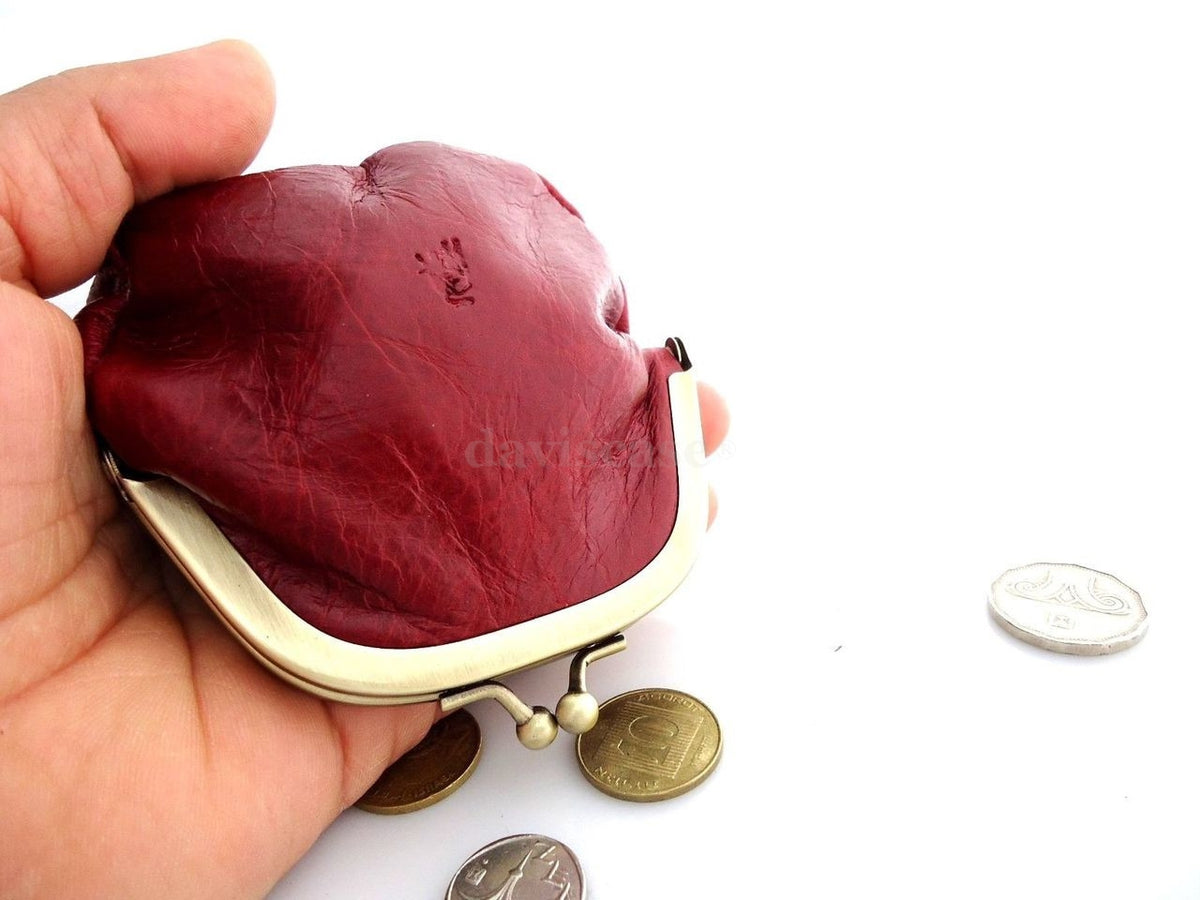 Red genuine soft leather women's coin purse and wallet case, compact mini bag with a stylish design and practical size.