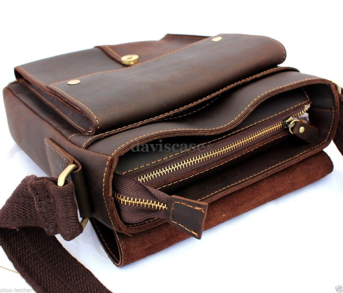 Genuine vintage brown leather men's messenger bag by DAVISCASE with shoulder strap and crossbody design for school or daily use.