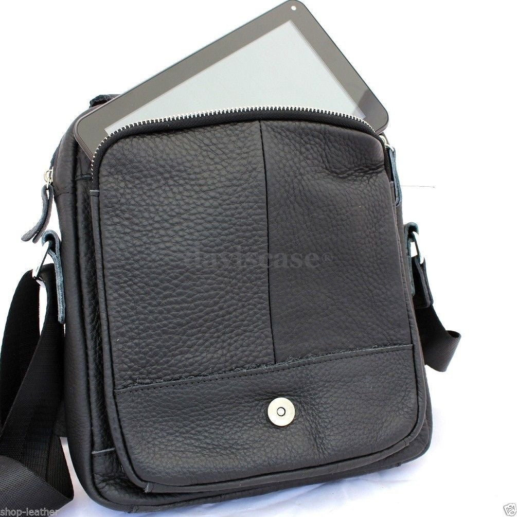 Men's genuine leather shoulder satchel bag with adjustable strap, suitable for messenger, school, or everyday use.